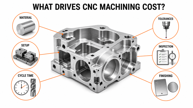 CNC machining cost drivers including setup cycle time material and inspection