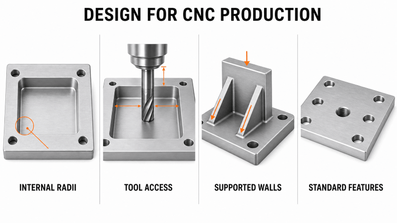 CNC production machining DFM guidelines for radii pockets walls and holes