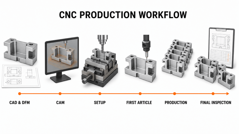 CNC production machining workflow from DFM to final inspection