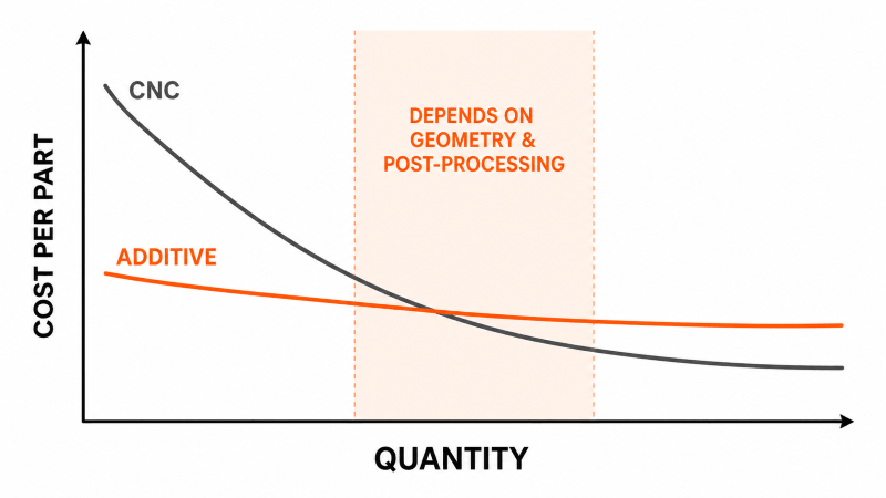 CNC machining vs additive manufacturing cost by production quantity