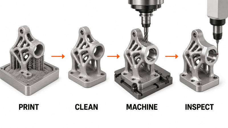 Hybrid manufacturing workflow combining additive manufacturing and CNC machining