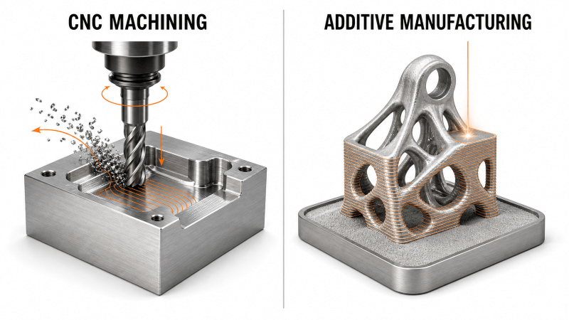 Subtractive CNC machining compared with layer-by-layer additive manufacturing