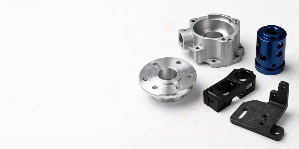 CNC machined parts with as-machined, bead-blasted, anodized and coated surface finishes
