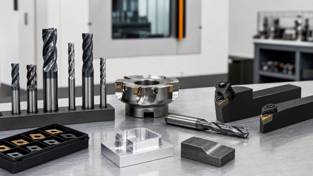 Selection of carbide end mills, indexable cutters, drills and turning tools for CNC machining