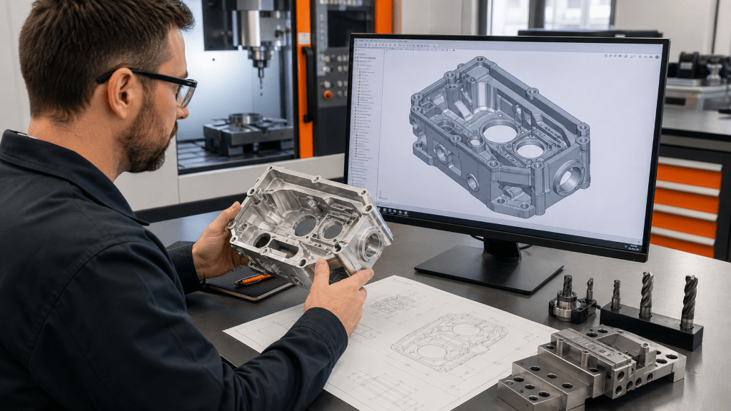Engineer reviewing a CNC machined housing against its CAD model