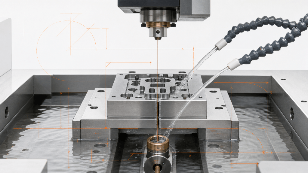 Wire EDM machine cutting a hardened steel die insert with dielectric flushing