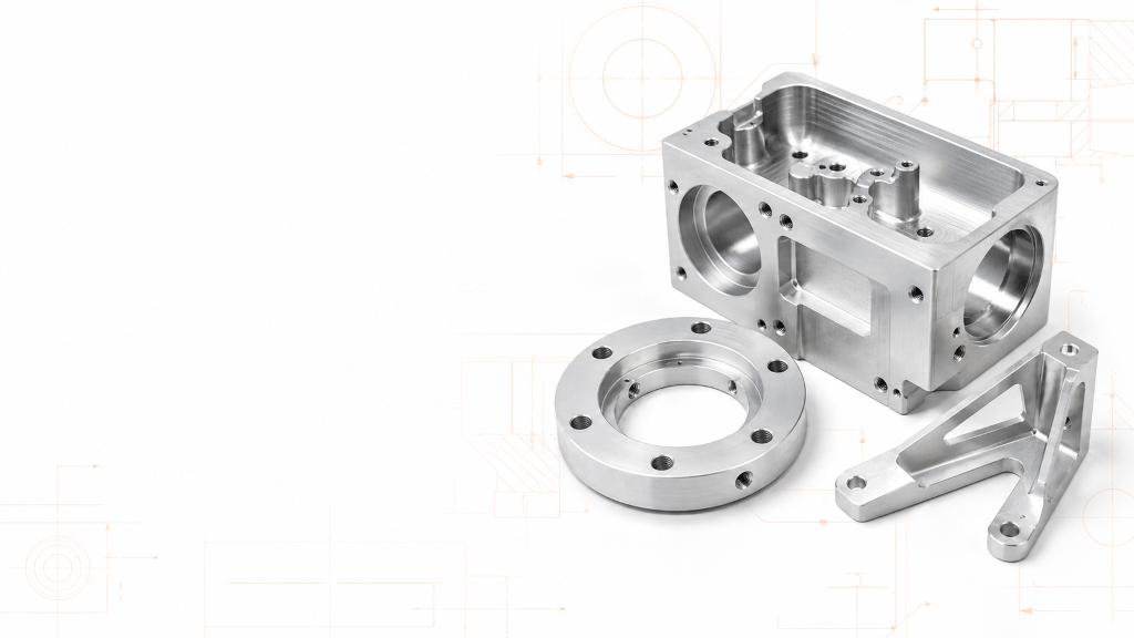 6061 aluminum CNC machined housing, flange and bracket on an engineering drawing background