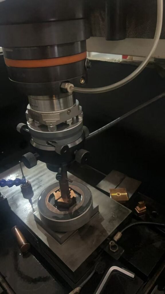 Sinker EDM process using custom manufactured copper tungsten electrodes.