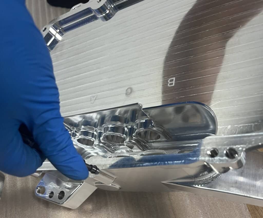 Close-up of machined 6061 aluminum surface finish, ready for anodizing or chromate conversion coating.