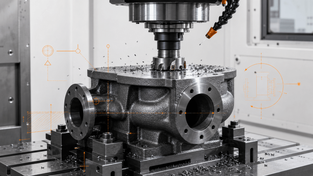 Cast iron pump housing face milled on a CNC machine with controlled fixturing