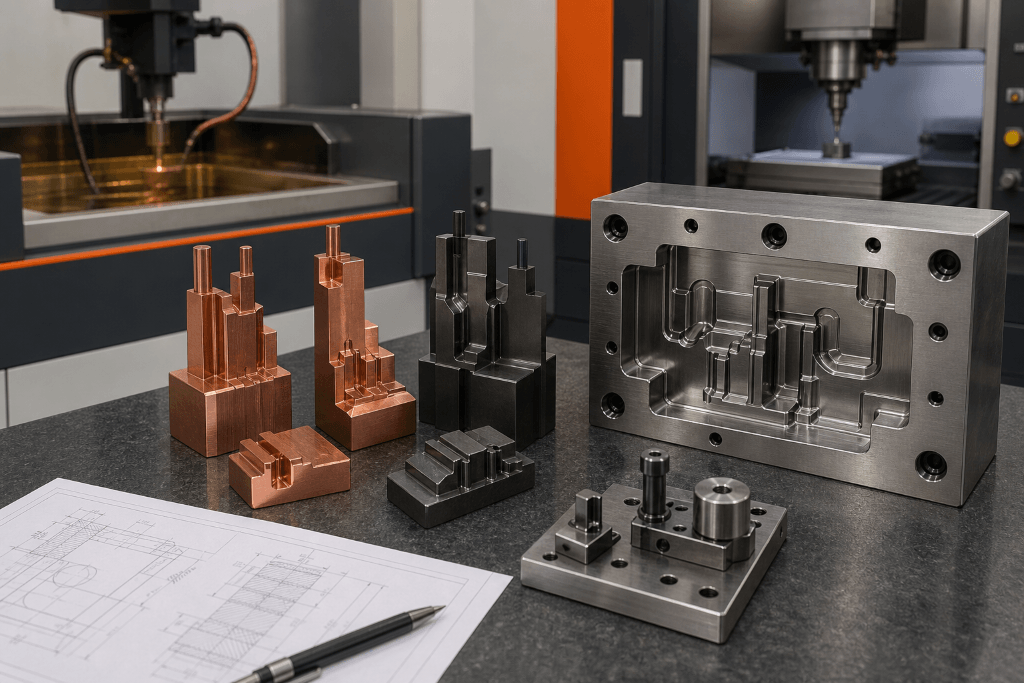 Copper and graphite EDM electrodes beside a corresponding steel mold cavity insert