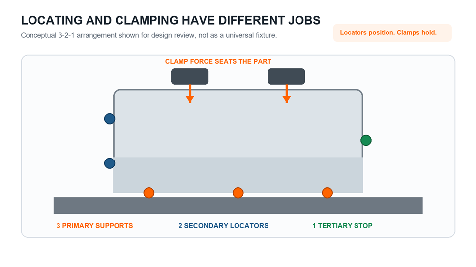 Conceptual locating and clamping arrangement for a CNC fixture