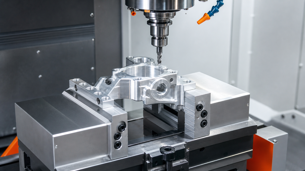 Precision aluminum component held in custom soft jaws for CNC milling