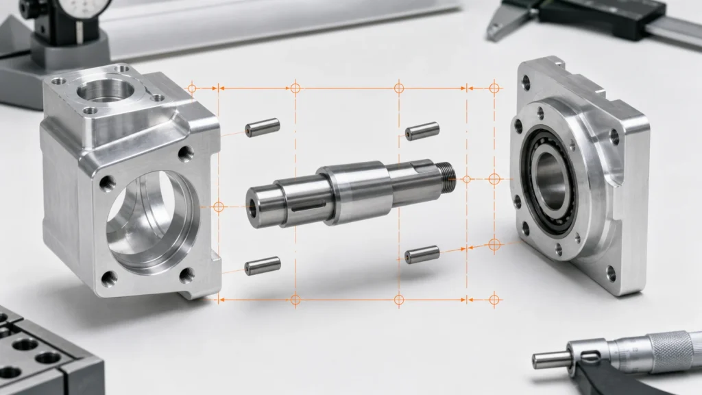 Engineering manufacturing scene illustrating CNC tolerance stack-up