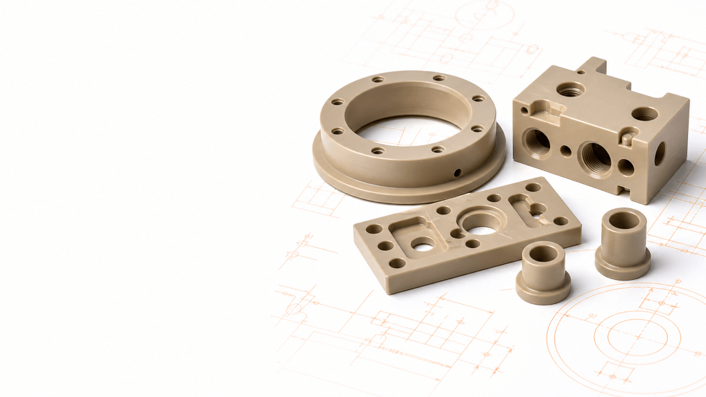 CNC-machined natural PEEK components on an orange engineering drawing background