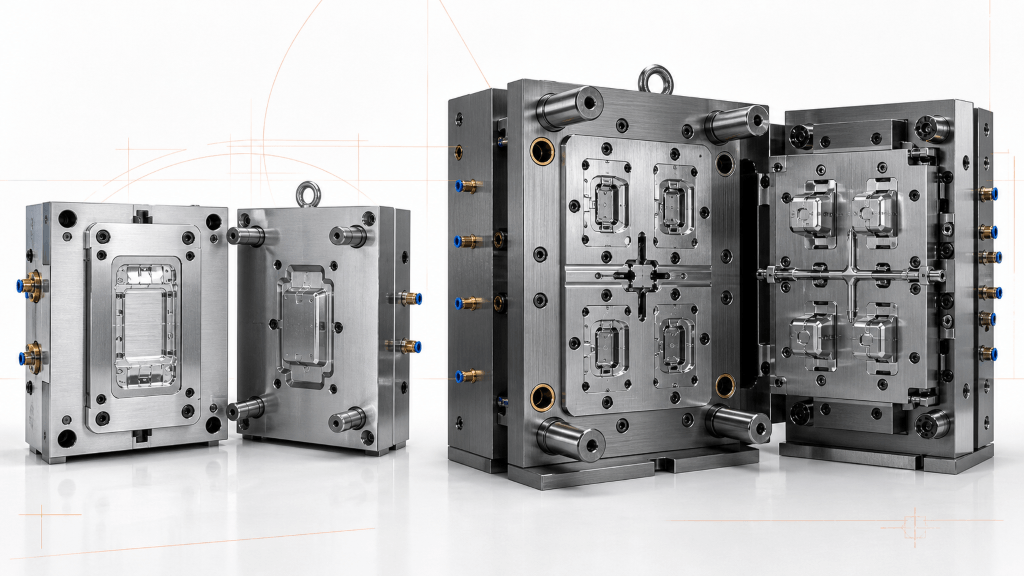 Rapid tooling and production tooling injection molds with single-cavity aluminum and multi-cavity steel construction