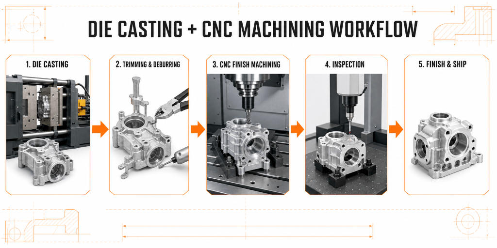 Die casting and CNC machining workflow from casting and deburring to precision machining inspection and shipment