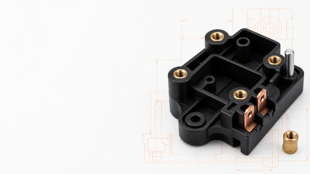 Insert injection molded plastic housing with brass threaded inserts and metal terminals