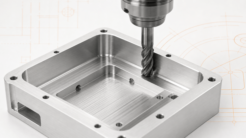 CNC end mill machining an aluminum pocket with rounded internal corners