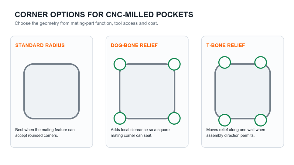 Standard radius, dog-bone relief and T-bone relief for CNC-milled pockets