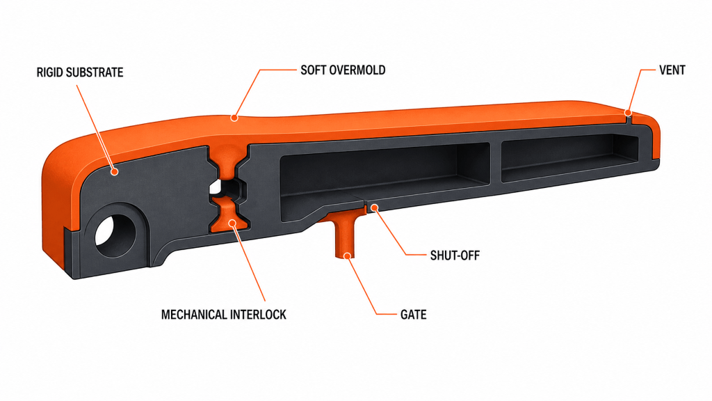 Overmolding DFM cross-section showing rigid substrate soft overmold mechanical interlock shut-off gate and vent