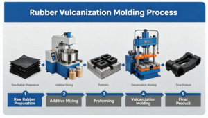 Rubber vulcanization molding process diagram showing compression, transfer, and injection molding techniques