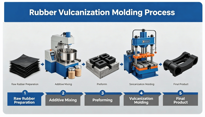 Rubber vulcanization molding process diagram showing compression, transfer, and injection molding techniques