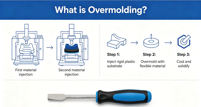 Overmolding production process diagram showing two-shot molding with substrate and overmold layers