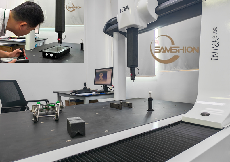 Engineers performing CMM inspection for precision machined components at Samshion factory