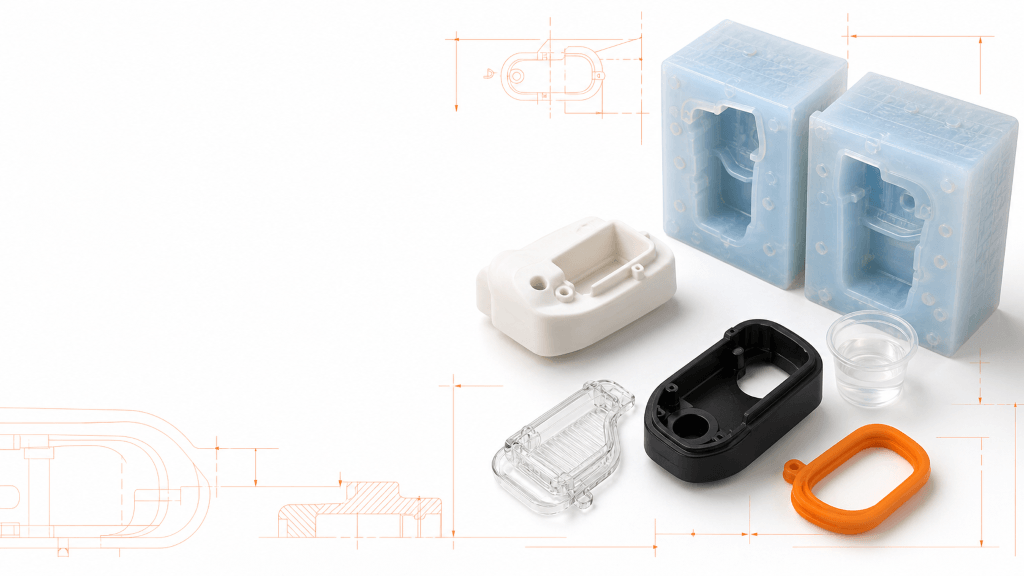 Vacuum casting setup with silicone mold master pattern and polyurethane parts