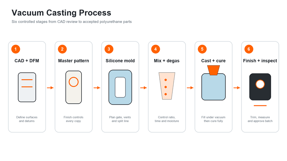 Vacuum casting process from master pattern to inspected polyurethane parts