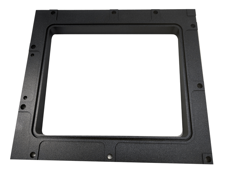 Black-finished custom CNC-milled metal frame with precision-machined features