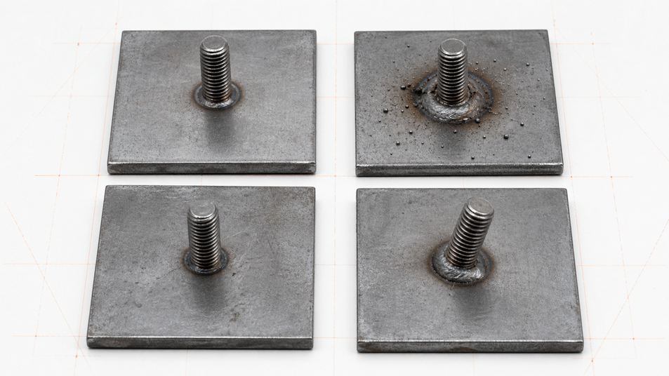 Comparison of acceptable, overheated, cold and tilted stud weld conditions