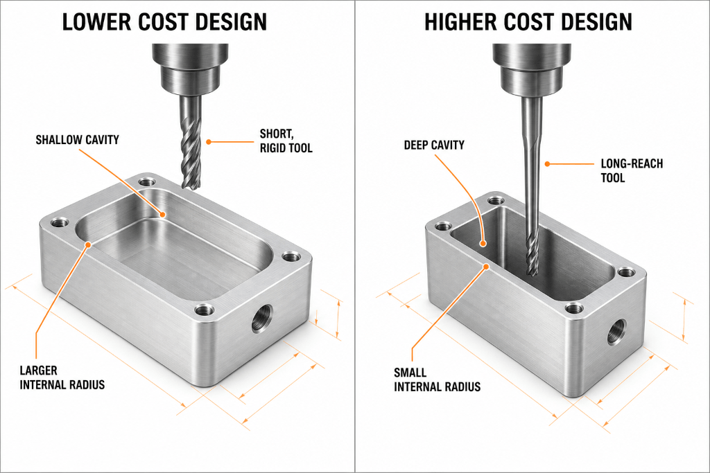 Comparison of lower-cost and higher-cost CNC machined part design features