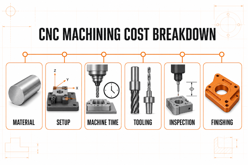 CNC machining cost breakdown including material, setup, machine time, tooling, inspection and finishing