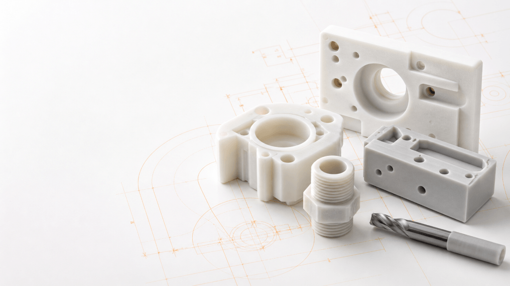 CNC-machined polypropylene components with an end mill on an orange engineering drawing background