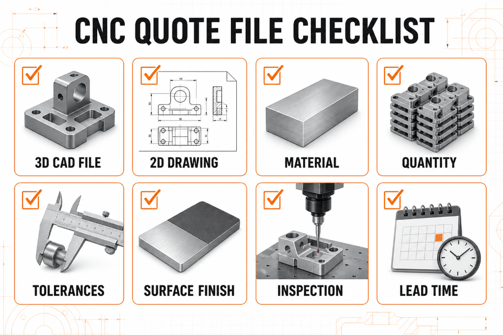 CNC quotation checklist covering CAD files, drawings, material, quantity, tolerances, finish, inspection and lead time