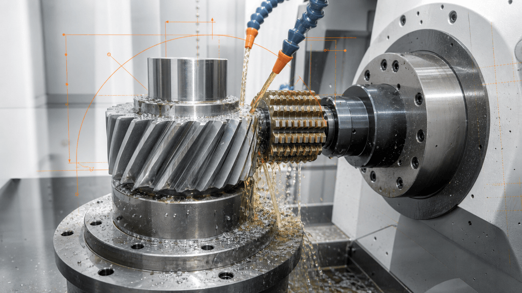 Steel helical gear being cut by a hobbing cutter inside a modern CNC gear machine