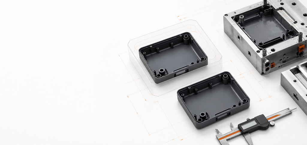 Injection molded plastic housings, mold tooling and caliper illustrating shrinkage control