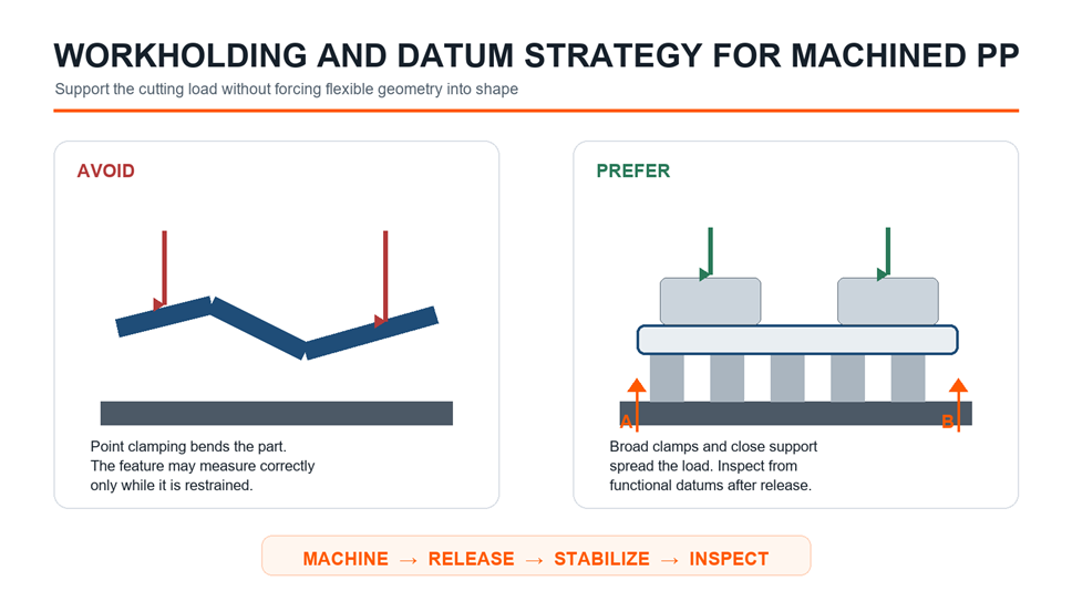 Correct and incorrect workholding and datum strategies for thin polypropylene parts