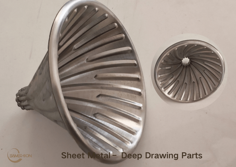 Sheet metal deep drawing process diagram showing punch, die, blank holder, and material flow