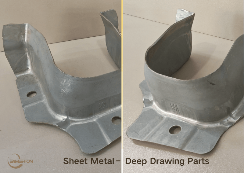 Deep drawn sheet metal parts examples - seamless hollow components including cups, housings, and automotive parts