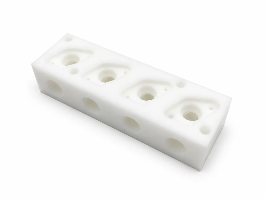White CNC-machined medical equipment connector with multi-sided holes and internal passages