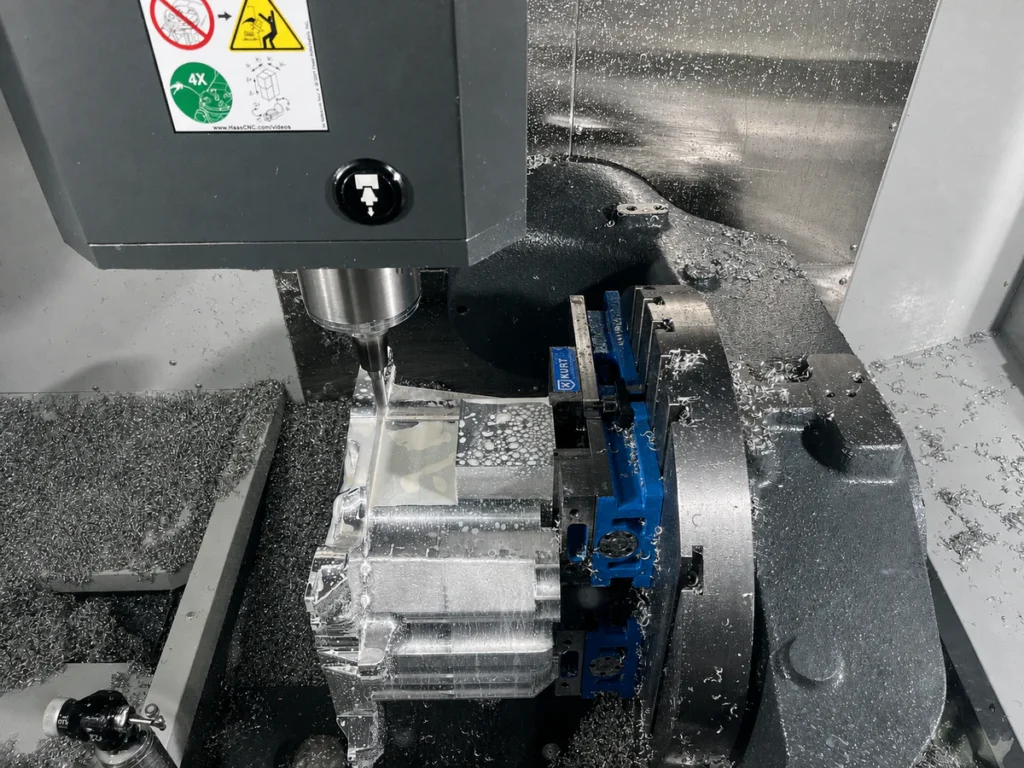 Five-axis CNC milling setup with a workpiece secured in a machine vise