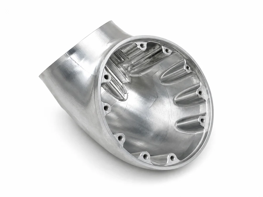 CNC-milled robot component with contoured housing, internal cavity and threaded mounting holes