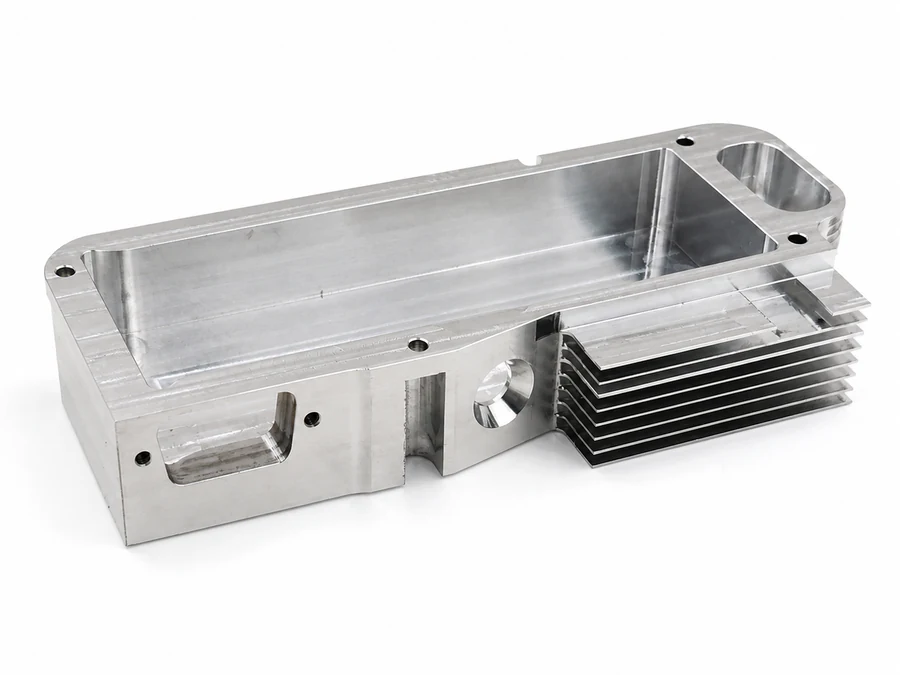 CNC-milled component with a deep cavity, side openings and integrated fins