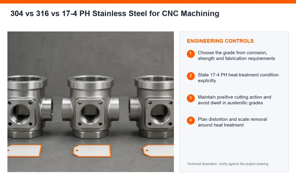 Orange engineering-control infographic for 304 vs 316 vs 17-4 stainless steel