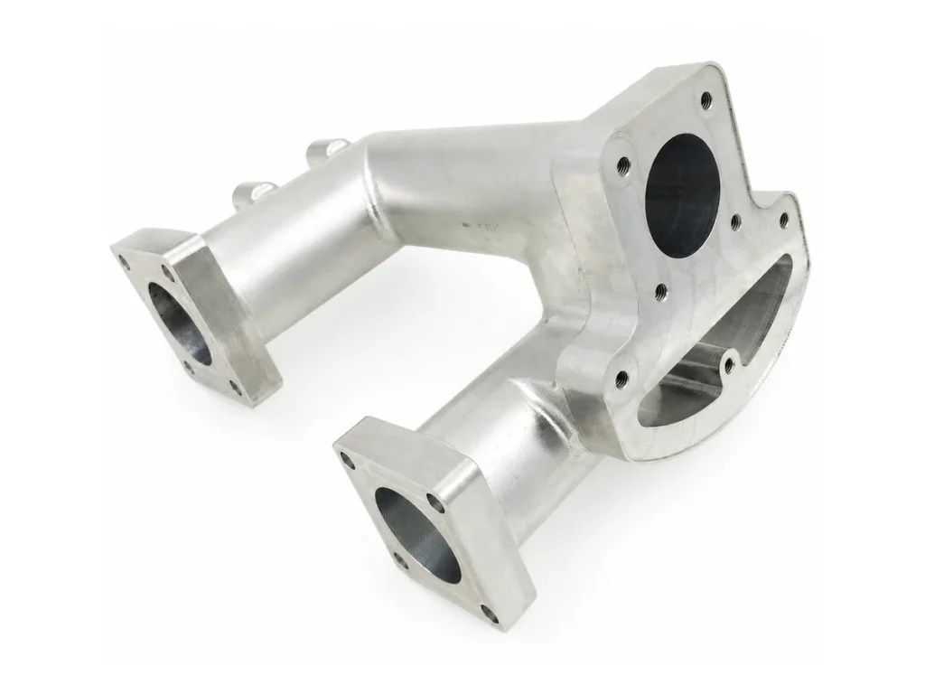 Integral 5-axis CNC machined 6061-T6 aluminum automotive manifold with deep intersecting holes