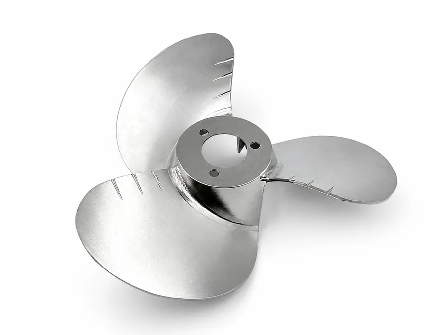 Real aluminum propeller component with machined surfaces