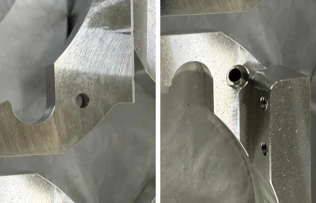Back counterbore and reverse spotface shown from the entry and reverse sides of the same CNC machined part